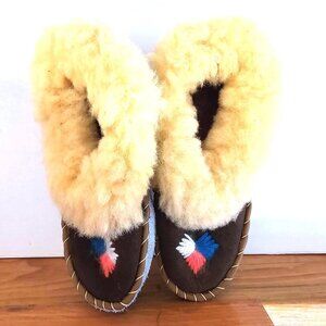 Handmade Shearling and Suede Embroidered Moccasins  Size 6